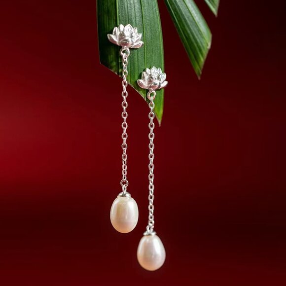 Genuine Freshwater Pearl Earrings Studs 925 Sterling Silver Long Earrings - Picture 1 of 9